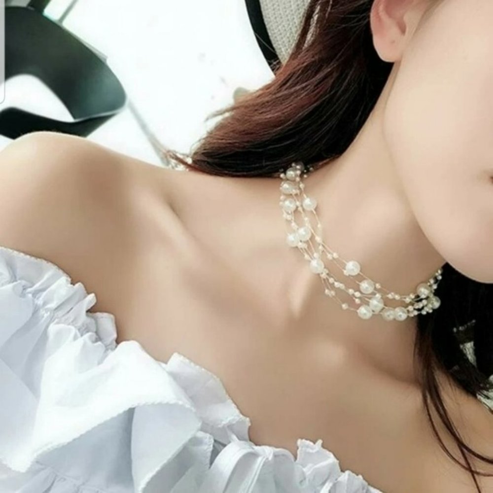 Faux Pearl Choker Necklace Gold Dainty Minimalist Bridal Wedding Verna